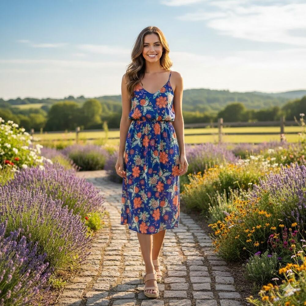 Blue Floral Midi Dress Open Back Side Slit Elastic Waist
